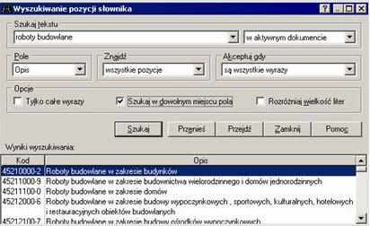 Winbud Kosztorys zaawansowane przeszukiwanie bazy Wsplnego Sownika Zamwie (CPV)