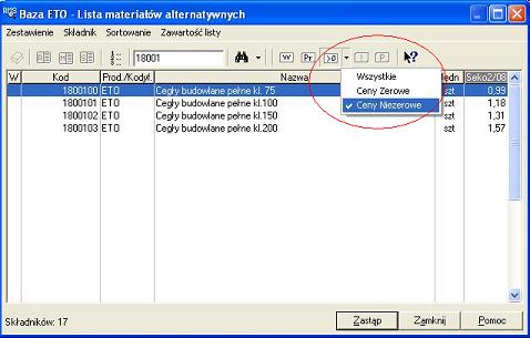 Lista materiaw alternatywnych - filtrowanie materiaw