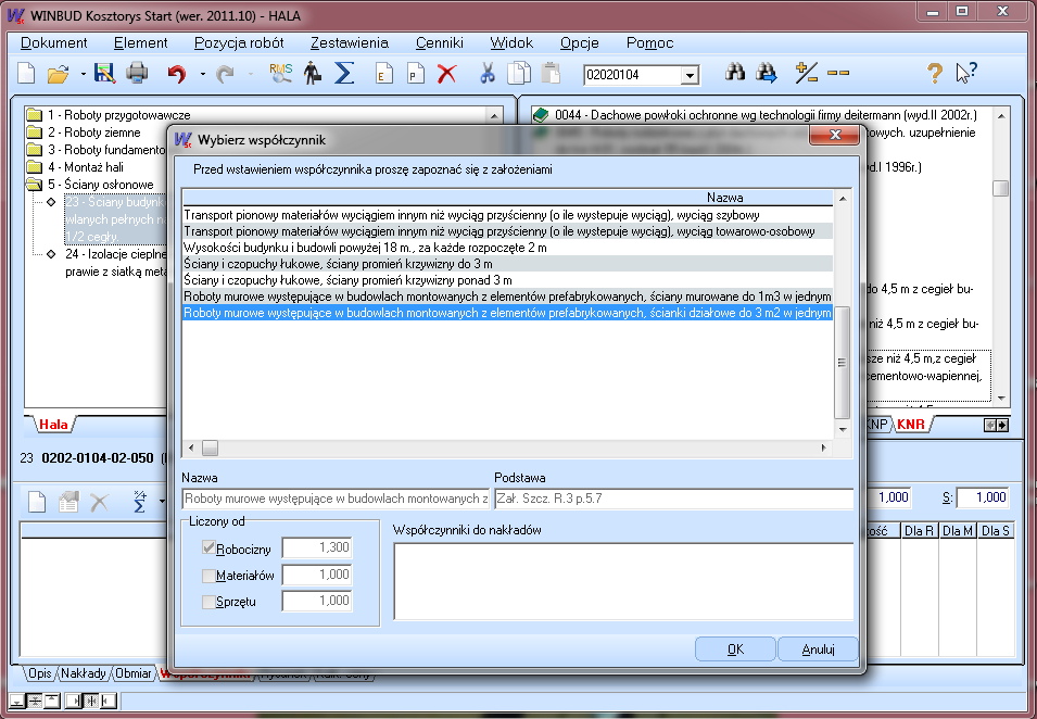 WINBUD Kosztorys Start - okno wspczynniki