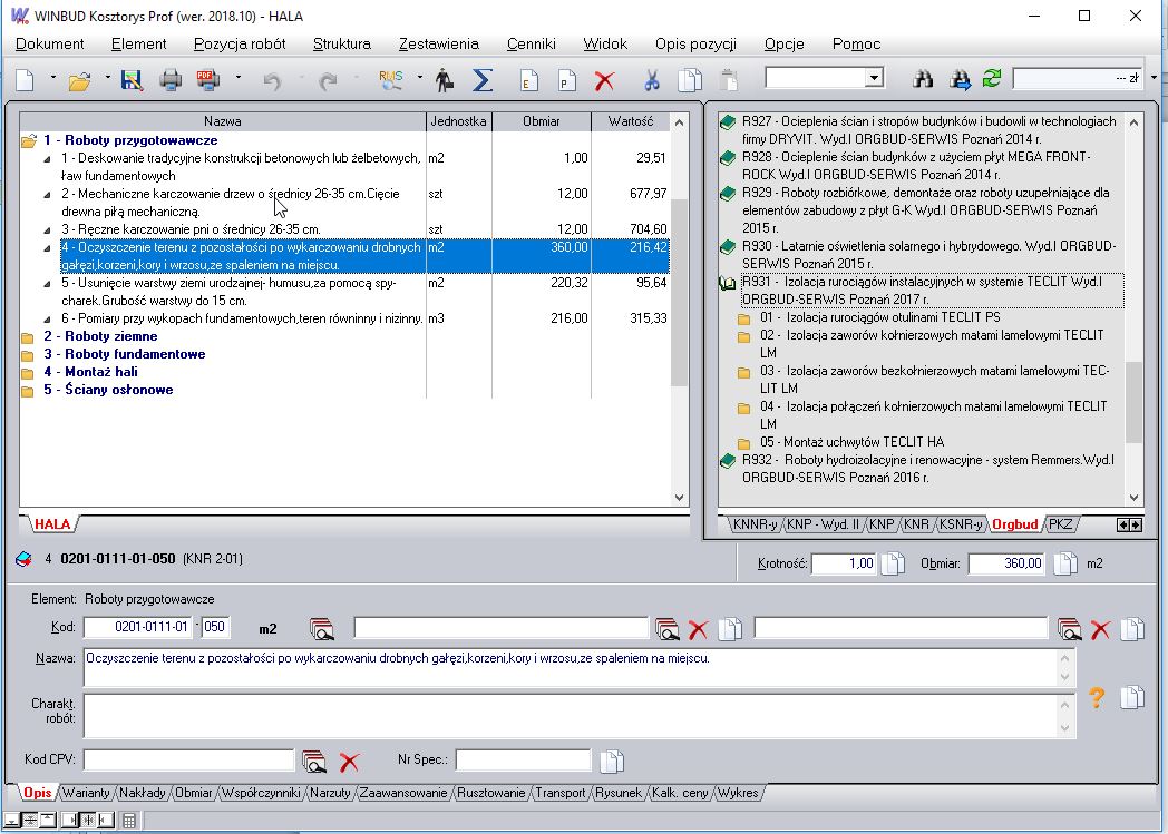 WINBUD Kosztorys Wyrnianie elementw
