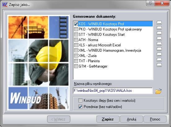 WINBUD Kosztorys zapisz jako przedmiar
