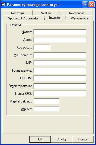 WINBUD Kosztorys - parametry nowego kosztorysu