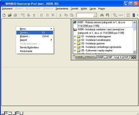 WINBUD Kosztorys - parametryzacja otwierania dokumentw